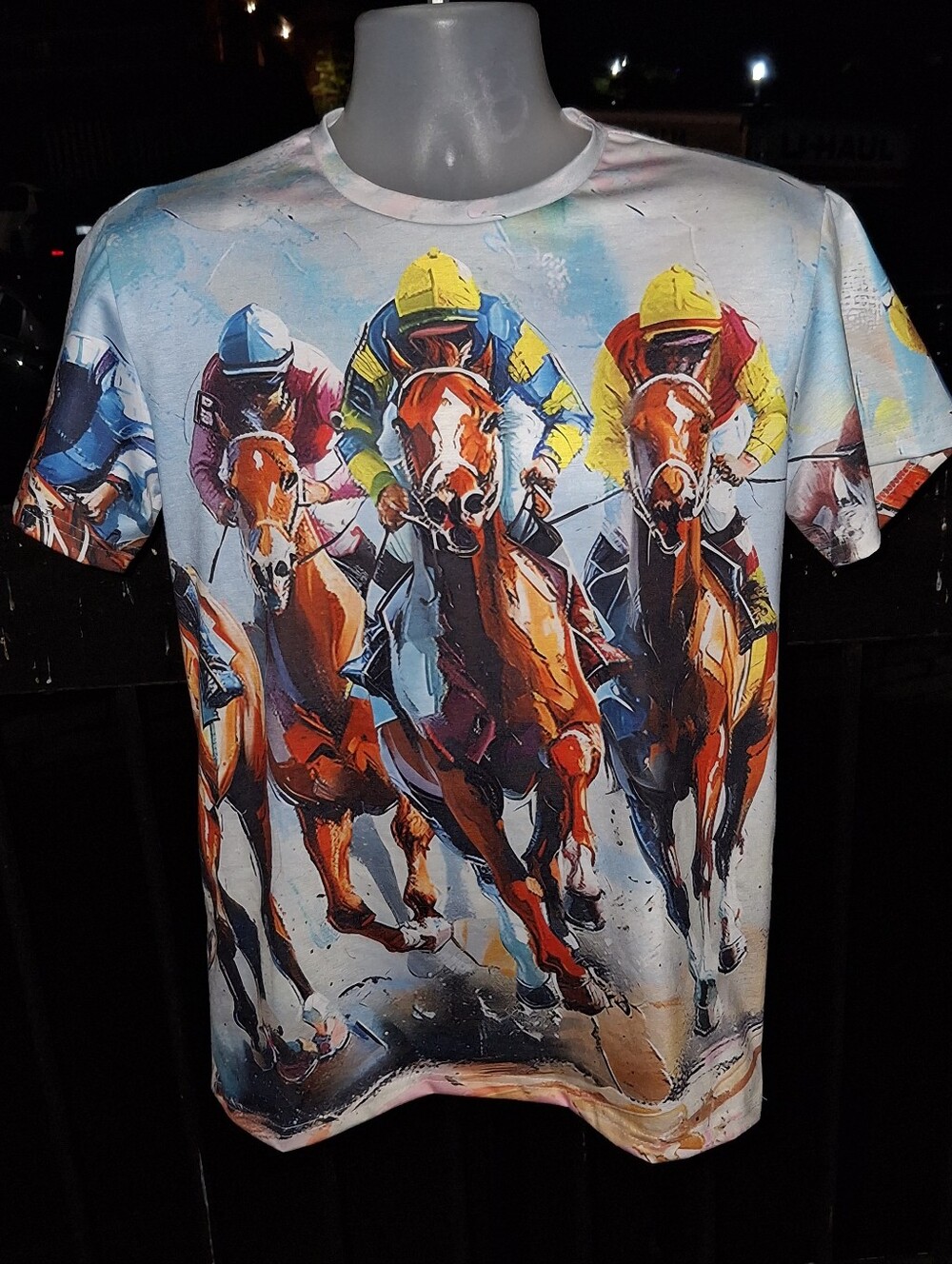 Vintage Horse Racing All Over Print T Shirt Size Med